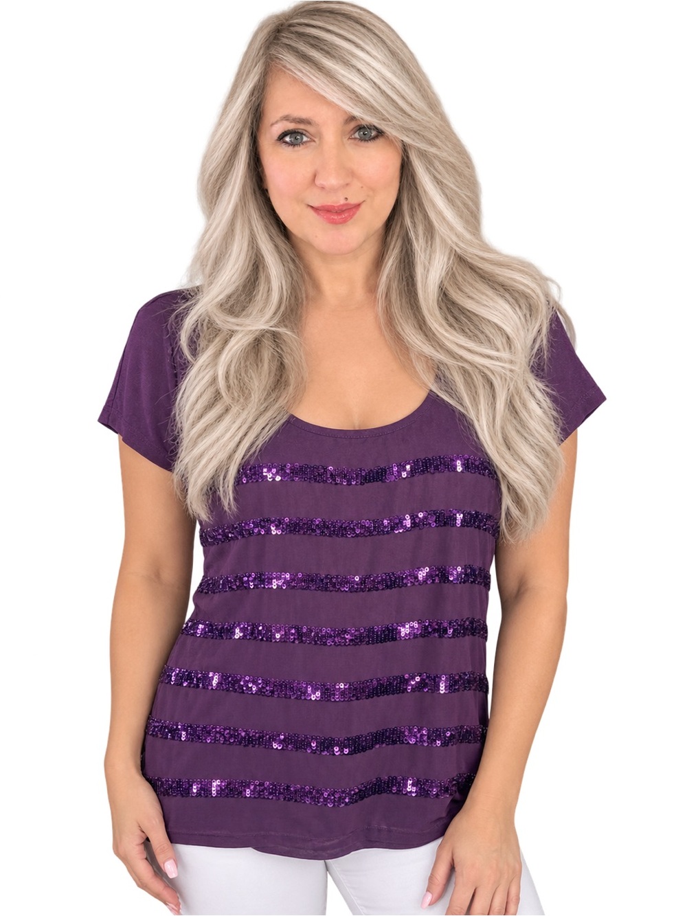 Calvin Klein Purple Sequin Stripe Short Sleeve Tee Size M